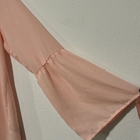 Abercrombie & Fitch Pink Lace Up Neck Long Bell Sleeve Top Womens Medium Sheer - Picture 6 of 12